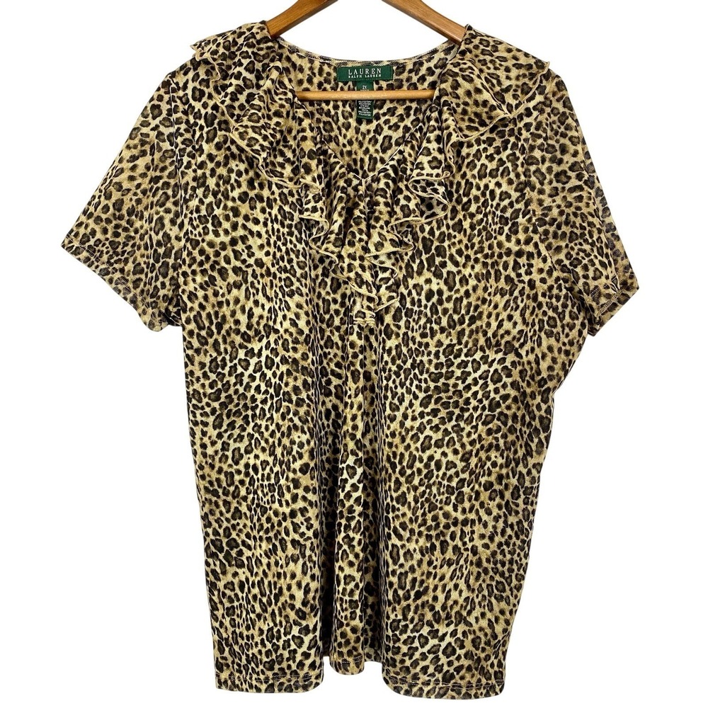 Lauren Ralph Lauren Leopard Print Ruffle V-Neck Mesh Blouse Plus Size 2X Brown - Picture 2 of 5